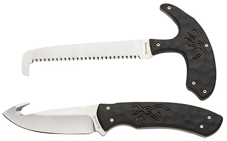 [023614964742] Browning 3220420 Primal Combo  3.75"/5.25" Fixed Drop Point Gut Hook/Skinner, Saw 8Cr13MoV SS Blade, Black Polymer w/Rubber Overmold  &  Finger Grooves Handle, 2 Piece Set, Includes Sheath