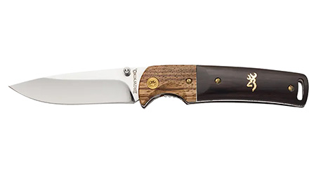 [023614843283] Browning 3220231 Buckmark Hunter EDC 3" Folding Drop Point, Plain Mirror Polished 8Cr14MoV SS Blade, Black/Natural Finger Grooved w/Brass Accents Hardwood Handle, Includes Pocket Clip