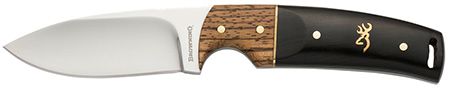 [023614489009] Browning 3220271 Buckmark Hunter EDC 3.13" Fixed Drop Point, Plain Mirror Polished 8Cr14MoV SS Blade, Black/Zebra Finger Grooved w/Brass Accents Hardwood Handle, Includes Sheath