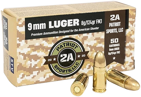 [8594199980066] PATRIOT SPORTS LLC P9MM124F   9mmLuger 124gr Full Metal Jacket 50 Per Box/20 Case