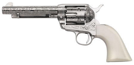 [839665000328] Taylors  &  Company 200061 1873 Cattle Brand Pietta 45 Colt (Long Colt) 6 Shot 5.50" Nickel Engraved Round Barrel, Cylinder  &  Steel Frame, White PVC Navy Grip, Exposed Hammer