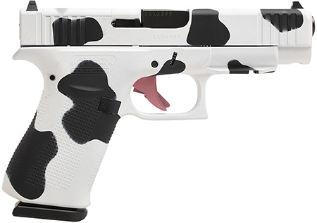 [810100237899] Glock PA4850204FRMOSMOO G48 Gen5 MOS Slim Compact Frame 9mm Luger 10+1 4.17" Black GMB Barrel, Cow Print Cerakote MOS Cut/Serrated Steel Slide, Polymer Frame w/Beavertail  &  Textured Grip