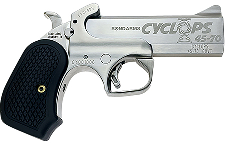 [855959009747] Bond Arms BACYP Cyclops Big Bore 45-70 Gov 1rd, 4.25" Stainless Steel w/Engraved Barrel, Matte Stainless Steel Frame, Black Extended B6 Resin Grip, Includes Holster