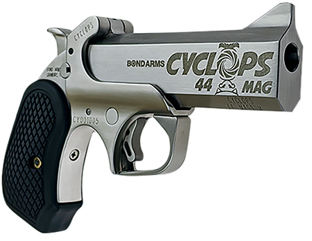 [855959003523] Bond Arms BACYP Cyclops Big Bore 44 Mag 1rd 4.25"  Stainless Steel w/Engraved Barrel, Matte Stainless Frame, Black Extended B6 Resin Grip