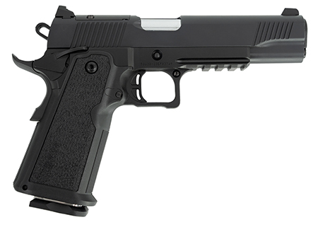 [723551445822] Tisas 12500002 1911 Duty DS 9mm Luger 17+1, 5" Black Steel Barrel, Black Serrated Steel Slide, Black Cerakote Steel Frame w/Beavertail  &  Picatinny Rail, Black Overmolded Grip, Ambidextrous