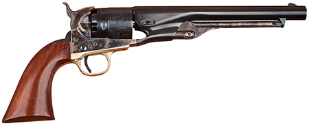 [814230011534] Cimarron CA040 1860 Army Cut For Stock .44 Cal 6 Shot, 8" Blued Round Steel Barrel, Blued Fluted Cylinder, Color Case Hardened Steel Frame, Smooth Walnut Grip, Exposed Hammer