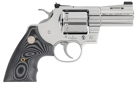 [098289003393] Colt Mfg PYTHONSP3NS Python Combat Elite 357 Mag/38 Special 6 Shot 3" Stainless Steel Recessed Target Crown Vent Rib Barrel, Cylinder  &  Frame, Black G10 Grip w/Colt Medallion, Exposed Hammer