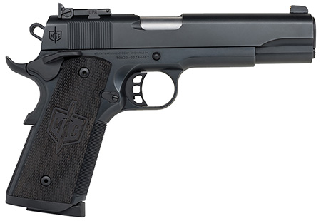 [723551444290] MAC 10100536 1911 JSOC 45 ACP 8+1, 5" Stainless Target w/11 Degree Crown Barrel, QPQ Tennifer Cerakote Serrated Steel Slide  &  Frame w/Checkered Front Strap  &  Beavertail, Turkish Walnut w/Logo Grip