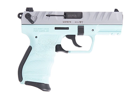 [723364228094] Walther Arms 5050525 PD380  380 ACP 9+1 3.70" Black Steel Barrel, Nickel Serrated Steel Slide, Angel Blue Polymer Frame, Textured Wraparound Grip
