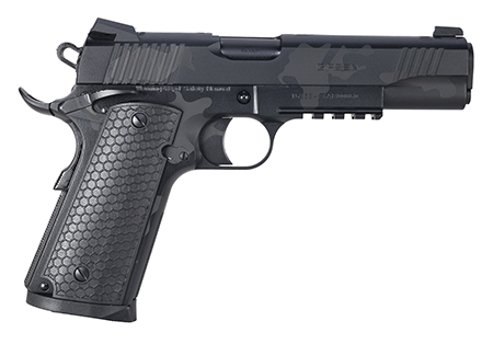 [741566906879] Girsan 392068 MC1911 S Untouchable Full Size 45 ACP 8+1 5" Black Steel Barrel, Black Camo Serrated Steel Slide  &  Frame w/Beavertail  &  Picatinny Rail, Black Polymer Grip