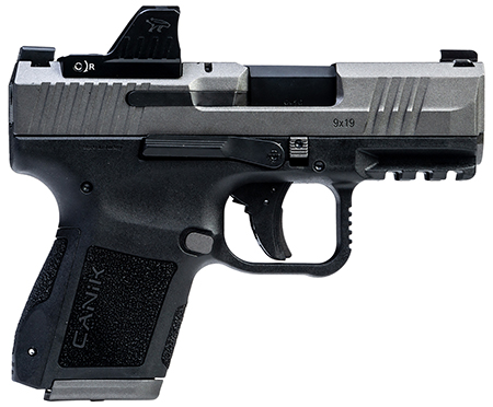 [787450907072] Canik  Mete MC9 Sports South Exclusive 9mm Luger 15+1/12+1 3.18" Black Tenifer Cerakote Optic Ready/Serrated Steel Slide, Tungsten Cerakote Polymer Frame w/Picatinny Rail, MeCanik M01 Red Dot
