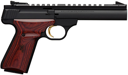 [023614441656] Browning 051528490 Buck Mark Field Target 22 LR 10+1 5.50" Matte Blued Heavy Bull Barrel, Matte Black Serrated w/Picatinny Rail Slide  &  Aluminum Frame w/Laminate Cocobolo Target Grip