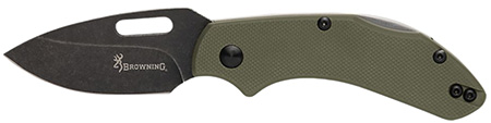 [023614990635] Browning 3220504B Hidden Hollow  EDC Small 2.25" Folding Drop Point Plain Black Oxide Stonewashed D2 Steel Blade, OD Green G10 Handle, Box Pkg