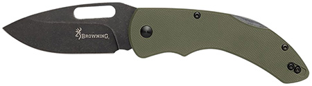 [023614990659] Browning 3220506B Hidden Hollow  EDC Large 3" Folding Drop Point Plain Black Oxide Stonewashed D2 Steel Blade, OD Green G10 Handle