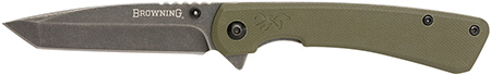 [023614990666] Browning 3220507 Branded Rock  EDC 3" Folding Tanto Plain Black Stonewashed 7Cr17MoV SS Blade OD Green, G10 Handle