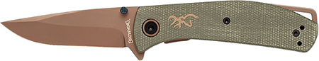 [023614990727] Browning 3220516 Trailside  EDC Small 3" Folding Modified Drop Point Plain Titanium Finish D2 Steel Blade, Green Micarta Handle