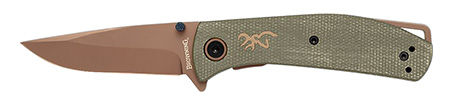 [023614990734] Browning 3220516B Trailside  EDC Small 3" Folding Modified Drop Point Plain Titanium Finish D2 Steel Blade, Green Micarta Handle, Boxed Pkg