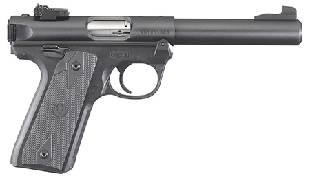 [736676401871] Ruger  Mark IV 22/45 22 LR 10+1, 5.50" Stainless Bull Barrel, Blued Drilled  &  Tapped Steel Receiver  &  Polymer Frame,  Black Checkered Polymer Grip Ambidextrous