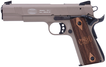 [713440971129] Mauser Rimfire 4110604 1911  22 LR 10+1 5" Black Steel Barrel, Tan Serrated Aluminum Slide, Tan Aluminum Frame w/Beavertail, Walnut Grip, Ambidextrous