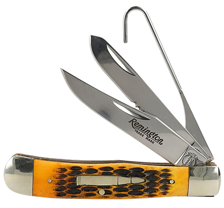 [047700156965] Remington Accessories R15696 Bullet Waterfowler Pocket Folding Clip Point/Gut Hook/Spey Gut Hook/Part Serrated/Plain Polished Carbon Steel Blade, Burnt Dark Amber Jigged Bone Handle