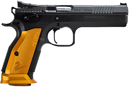 [806703912653] CZ-USA 91265 TS2  40 S&W 17+1 5.20" Black Bull Barrel, Black Slide, Black Polycoat Frame, Orange Checkered Aluminum Grip