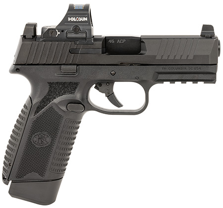 [845737018283] FN 66101916 545 MRD w/Optic Full Size 45 ACP 15+1 4.10" Black Target Crown Steel Barrel, Black PVD Optic Cut/Serrated Steel Slide  &  Polymer Frame w/Picatinny Rail, Holosun 407C Red Dot, Ambidextrous