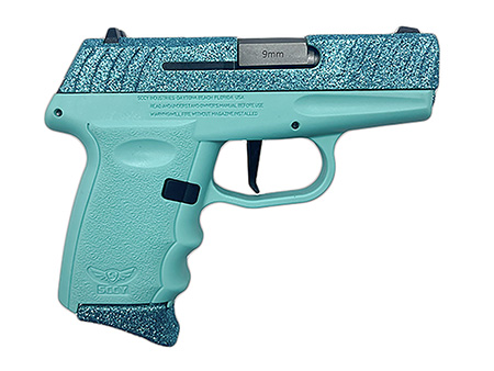 [810099572278] SCCY Industries DVG1CYBSB DVG-1  Sub-Compact Frame 9mm Luger 10+1 3.10" Stainless Quadlock Barrel Cystal Blue Glitter Optic Ready/Serrated Stainless Steel Slide, Crystal Blue Polymer Frame  &  Grip
