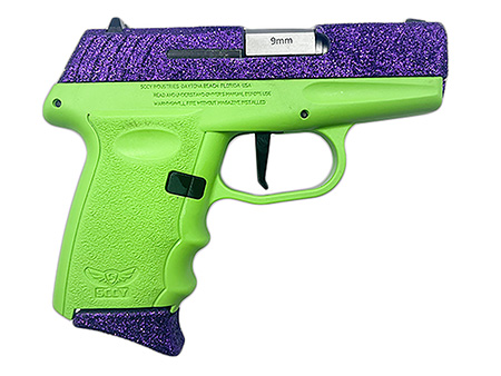 [810099572377] SCCY Industries DVG1DFLG DVG-1  Sub-Compact Frame 9mm Luger 10+1 3.10" Stainless Quadlock Barrel, Purple Glitter Optic Ready/Serrated Stainless Steel Slide, Lime Green Polymer Frame  &  Grip