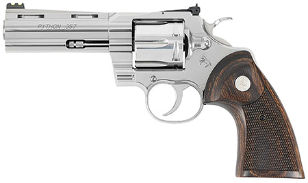 [098289003430] Colt Mfg PYTHONSP4WFTG Python Target 357 Mag/38 Special 6 Shot 4.25" Polished Stainless Steel Recessed Target Vent Rib Barrel, Cylinder  &  Frame, Walnut w/Medallion Grip, Exposed Hammer