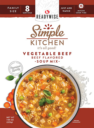 [850045543662] ReadyWise RWSK05067 Simple Kitchen Vegetable Beef Soup 8 Servings Per Pouch, 6 Per Case
