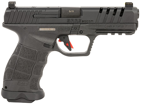 [810075873092] SAR USA SAR9SOCOMBL SAR9 SOCOM 9mm Luger 21+1 5.20" Black Steel Barrel, Black Steel Optic Ready/Ported/Serrated Slide, Black Polymer Frame w/Picatinny Rail, Interchangeable Backstrap Grip, Right Hand