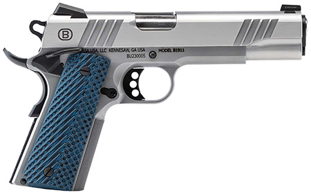 [704674122289] Bersa B19117050SMBL B1911  Full Size Frame 45 ACP 8+1 5" Stainless Steel Barrel, Polished Stainless Serrated Steel Slide, Matte Stainless Stainless Steel Frame w/Beavertail, Blue VZ Grip, Ambidextrous