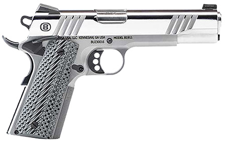 [704674119586] Bersa B19117050PMBG B1911 Mirror Full Size Frame 45 ACP 8+1 5" Stainless Steel Barrel, Polished Stainless Serrated Steel Slide, Stainless Steel Frame w/Beavertail, Gray VZ Grip, Ambidextrous