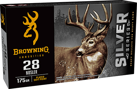[020892233218] Browning Ammo B192600281  Silver 28Nosler 175gr Plated Soft Point 20 Per Box/10 Case