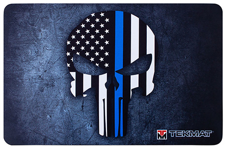 [612409970961] TekMat TEKR17PUNISHERBL Punisher Blue Line Cleaning Mat 17"x11" Black/White/Blue Thermoplastic Fiber Top w/Vulcanized Rubber Back/ Blue Line Punisher Skull Illustration