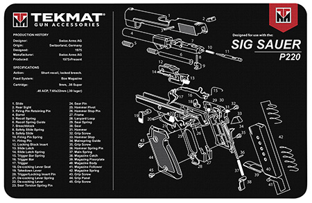 [612409971036] TekMat TEKR17SIGP220 Sig Sauer P220 Cleaning Mat 17"x11" Black/White Thermoplastic Fiber Top w/Vulcanized Rubber Back/ Sig Sauer P220 Parts Diagram Illustration