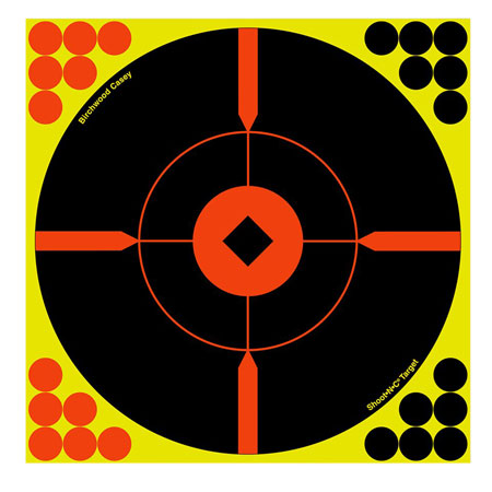 [029057348064] Birchwood Casey 34806 Shoot-N-C Reactive Target Self-Adhesive Paper Black/Yellow/Red 8" Bullseye BMW 6 Pack