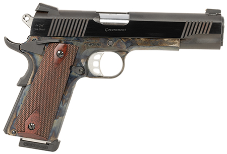 [850023353252] Tyler Gun Works TGWGVCC45 Custom 1911 Government Full Size Frame 45 ACP 7+1 5" Stainless Match Grade Barrel, Blued Serrated Steel Slide, Color Case Steel Frame w/Beavertail, Walnut Grip