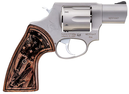 [725327942375] Taurus 285629US1 856  Small Frame 38 Special +P 6rd 2" Matte Stainless Steel Barrel, Cylinder  &  Frame, Engraved USA Flag Walnut Grip, Transfer Bar Safety