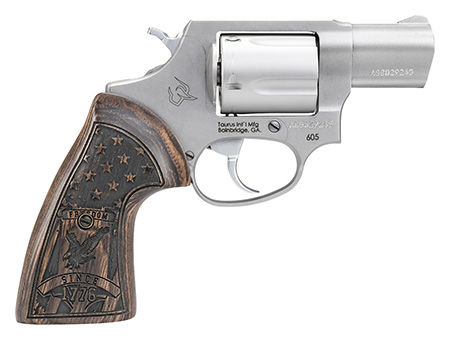 [725327942382] Taurus 2-605029US1 605  Small Frame 357 Mag/38 Special +P 5 Shot 2" Matte Stainless Steel Barrel, Cylinder  &  Frame, Engraved USA Flag Walnut Grip, Transfer Bar Safety