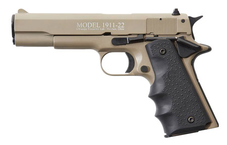 [8053670716599] Chiappa Firearms 401120 1911-22  22 LR 10+1, 5" Black Steel Barrel, Tan Serrated Slide, Tan Aluminum Frame w/Beavertail, Black Hogue Rubber Finger Grooved Grip, Manual Thumb Safety, Right Hand