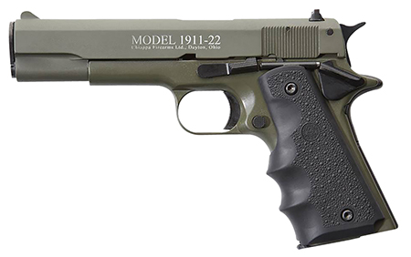 [8053670716605] Chiappa Firearms 401121 1911-22  22 LR 10+1 5" OD Green Serrated Steel Slide  &  Beavertail Frame, Black Hogue Rubber w/Finger Grooves Grip