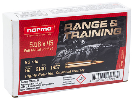 [810036152082] Norma Ammunition 701706154 Range  &  Training  5.56x45mmNATO 62gr Full Metal Jacket 20 Per Box/10 Case