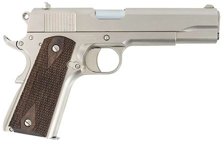 [723551444429] SDS Imports 10100562 1911 A1 Stakeout Full Size Frame 38 Super 9+1 5"Stainless Button-Rifled Barrel, Nickel Serrated Stainless Steel Slide, Nickel Steel Frame w/Beavertail, Turkish Walnut Grip