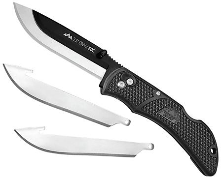 [743404201641] Outdoor Edge OX10C Onyx  3 Blades, 3.50" Folding Drop Point Plain Satin/Black Oxide 420J2 SS Blade, 4.50" Black Textured Grivory Handle