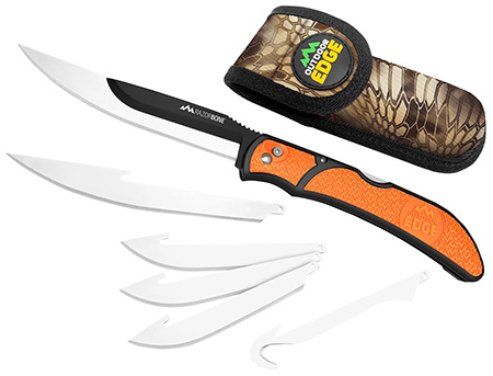 [743404202037] Outdoor Edge RBB20C RazorBone  6 Blades, Folding 3.40" Gut Hook/3.50" Drop Point/5" Fillet Satin/Black Oxide 420J2 SS Blades, Blaze Orange Textured Grivory w/TPR Inserts Handle