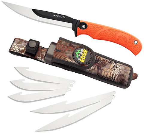 [743404201931] Outdoor Edge RMB20C RazorMax  6 Blades, 3.50" Drop Point/5" Boning Fillet Folding Plain Satin/Black Oxide 420J2 SS Blades, Blaze Orange Textured TPR Handle