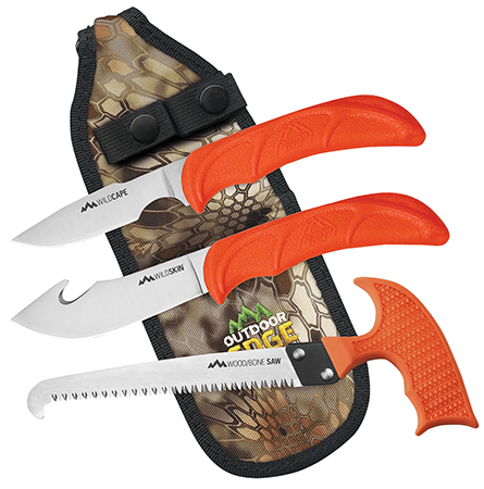 [743404401911] Outdoor Edge WG10C WildGuide  Fixed Caper/Saw/Skinner w/Gut Hook Satin 420J2 SS Blades, Blaze Orange Textured TPR Handle