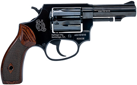 [725327942443] Heritage Mfg HR38B3W Roscoe  Small Frame 38 Special +P 5rd 3" Black Polished Alloy Steel Barrel  &  Cylinder, Black Polished Carbon Steel Frame, Wood Grip, Transfer Bar Safety