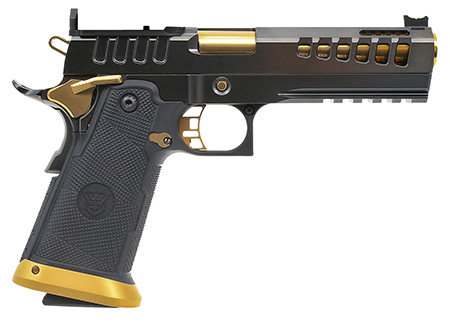 [810085127307] Watchtower Firearms DEMOLITIA9MM5ELITE Demolitia  Full Size Frame 9mm Luger 20+1 5" Gold Plated PVD Ported Barrel, Graphite PVD Optic Cut/Serrated Steel Slide, Graphite PVD Frame, Black Textured Grip